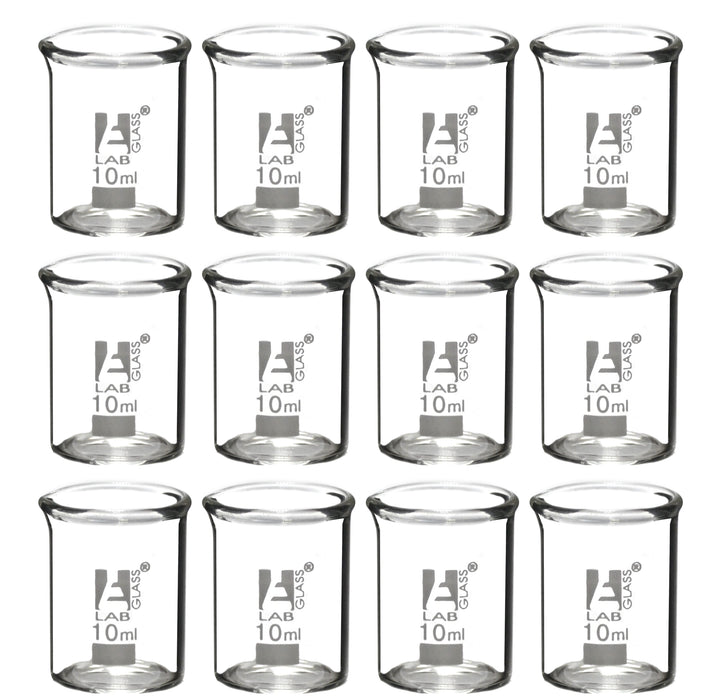 12PK Beakers, 10ml - Griffin Style, Low Form with Spout - Ungraduated - Borosilicate 3.3 Glass