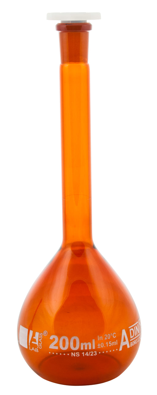 Volumetric Flask, 200ml - Class A - 14/23 Polypropylene Stopper, Borosilicate Glass, Amber - White Graduation Mark, Tolerance ±0.150 ml - Eisco Labs