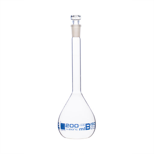 Volumetric Flask, 200ml - Class B - Hexagonal, Hollow Glass Stopper - Single, Blue Graduation - Eisco Labs