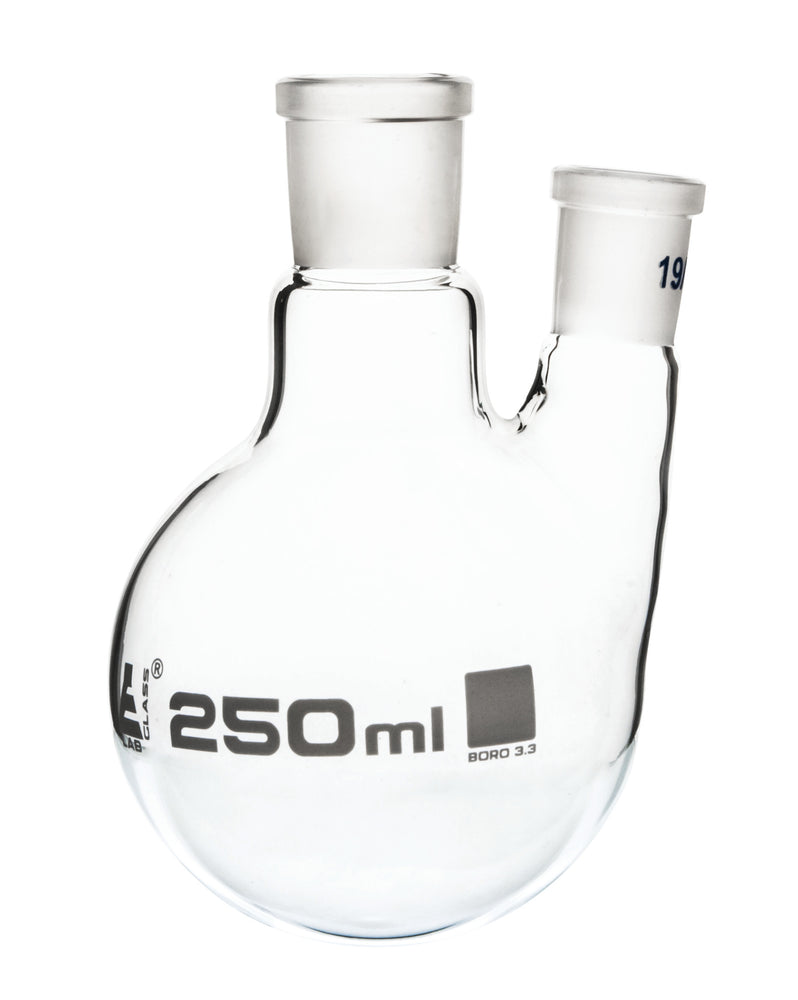 Distilling Flask with 2 Parallel Necks, 250mL - Round Bottom - 24/29 Center Socket, 19/26 Side Socket - Borosilicate Glass