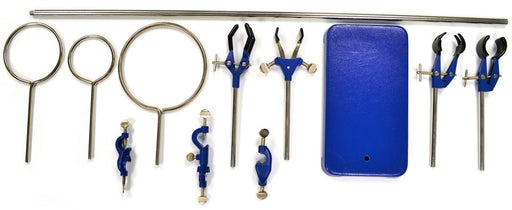 11 Piece Set - Rectangular Retort Stand, Rod, Bossheads, Clamps, and Rings - Eisco Labs