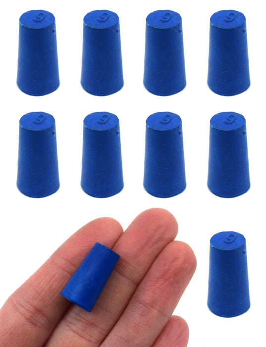 Neoprene Stoppers, Solid Blue - Size: 9mm Bottom, 11.5mm Top, 20mm Length - Pack of 10