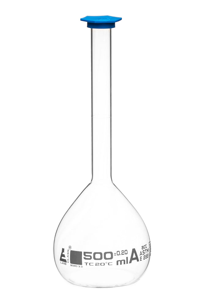Volumetric Flask, 500ml - Class A, ASTM - Tolerance ±0.200ml - Blue Snap Cap - Single, White Graduation - Borosilicate Glass - Eisco Labs