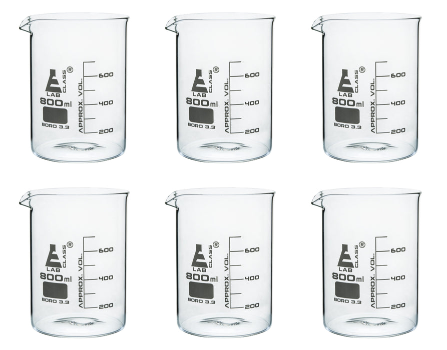 6PK Beakers, 800ml - Griffin Style, Low Form with Spout - White, 100ml Graduations - Borosilicate 3.3 Glass
