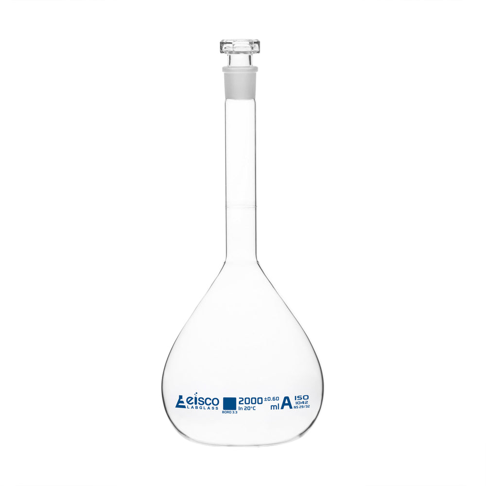 Volumetric Flask, 2000ml - Class A - Hexagonal, Hollow Glass Stopper - Single, Blue Graduation - Eisco Labs