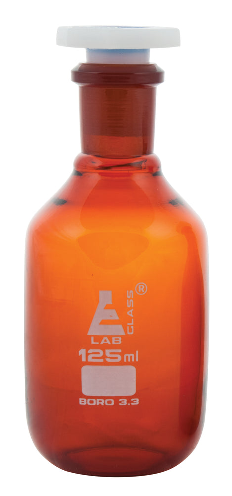 Eisco Labs 125ml Amber Reagent Bottle , Narrow Mouth with Acid Proof Polypropylene stopper, socket size 19/26