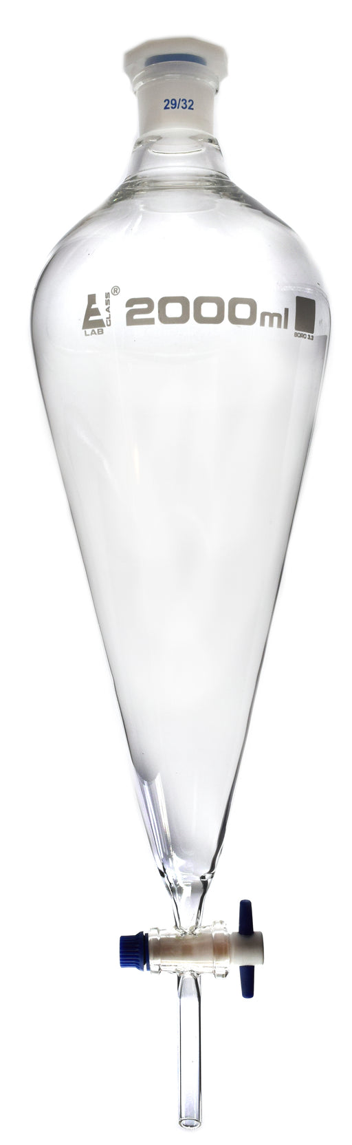 Squibb Separating Funnel, 2000ml - 29/32 Plastic Stopper, PTFE Key Stopcock, Ungraduated - Borosilicate Glass - Eisco Labs