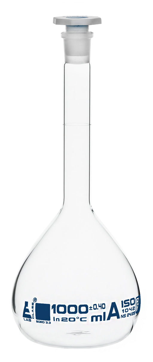 Volumetric Flask, 1000ml - Class A - Tolerance ±0.40ml - Interchangeable, 24/29 Polypropylene Stopper - Single, White Graduation - With Individual Work Certificate - Borosilicate Glass - Eisco Labs