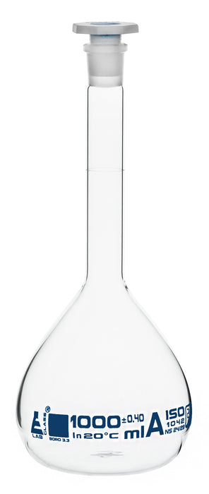 Volumetric Flask, 1000ml - Class A - Tolerance ±0.40ml - Interchangeable, 24/29 Polypropylene Stopper - Single, White Graduation - With Individual Work Certificate - Borosilicate Glass - Eisco Labs