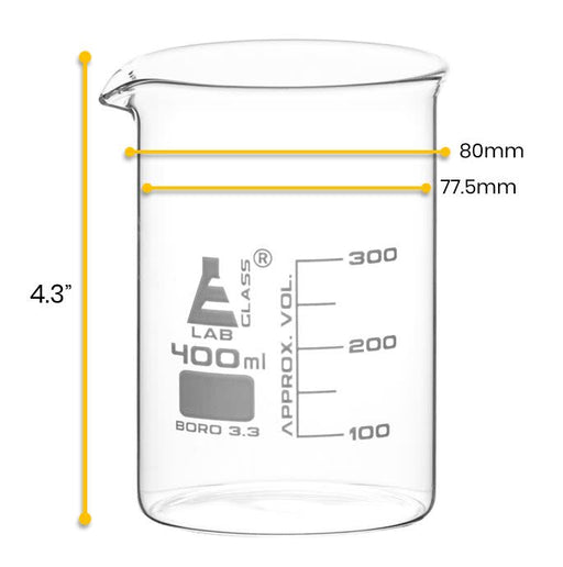 Beaker, 400ml - Low Form - 50ml Graduations - Borosilicate Glass