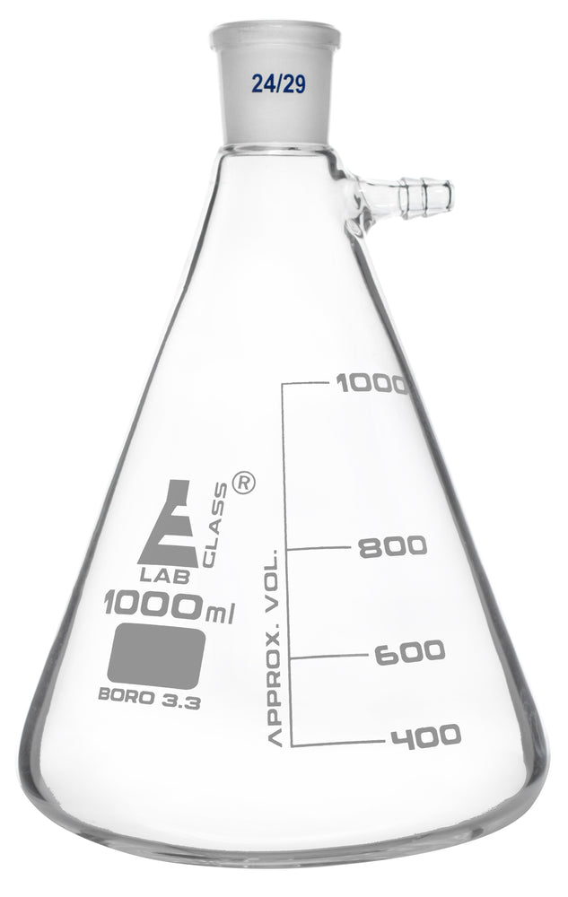 Buchner Filtering Flask, 1000ml - 24/29 Joint, Side Arm - White Graduations - Borosilicate Glass - Eisco Labs