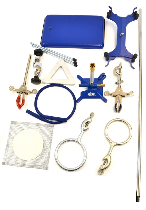 12 Piece Set - Complete Chemistry Starter Kit - Rectangular Retort Stand, Rod, Clamps, Rings, Stand, Tubing, Gauge, Bosshead & Bunsen Burner Set - Eisco Labs