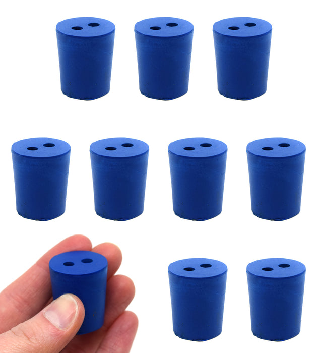 Neoprene Stoppers, 2 Holes - Blue - Size: 21mm Bottom, 24mm Top, 28mm Length - Pack of 10