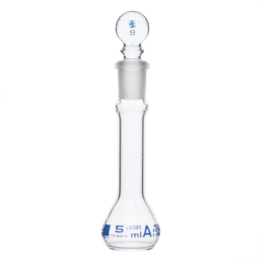 Volumetric Flask, 5ml - Class A, ASTM - Tolerance ±0.020 ml - Glass Stopper -  Single, Blue Graduation - Eisco Labs