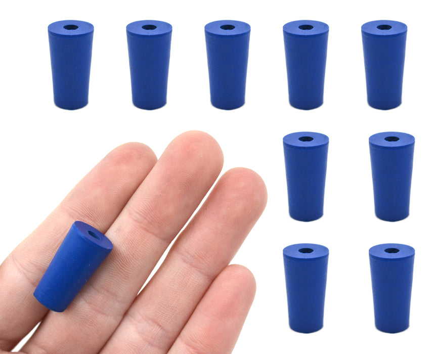 Neoprene Stoppers, 1 Hole - Blue - Size: 9mm Bottom, 11.5mm Top, 20mm Length - Pack of 10