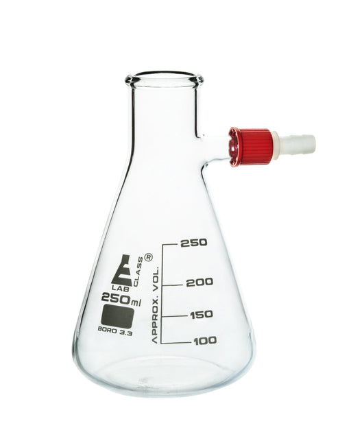 Filtering Flask, 250ml - Borosilicate Glass - Conical Shape, with Integral Plastic Side Arm - White Graduations - Eisco Labs