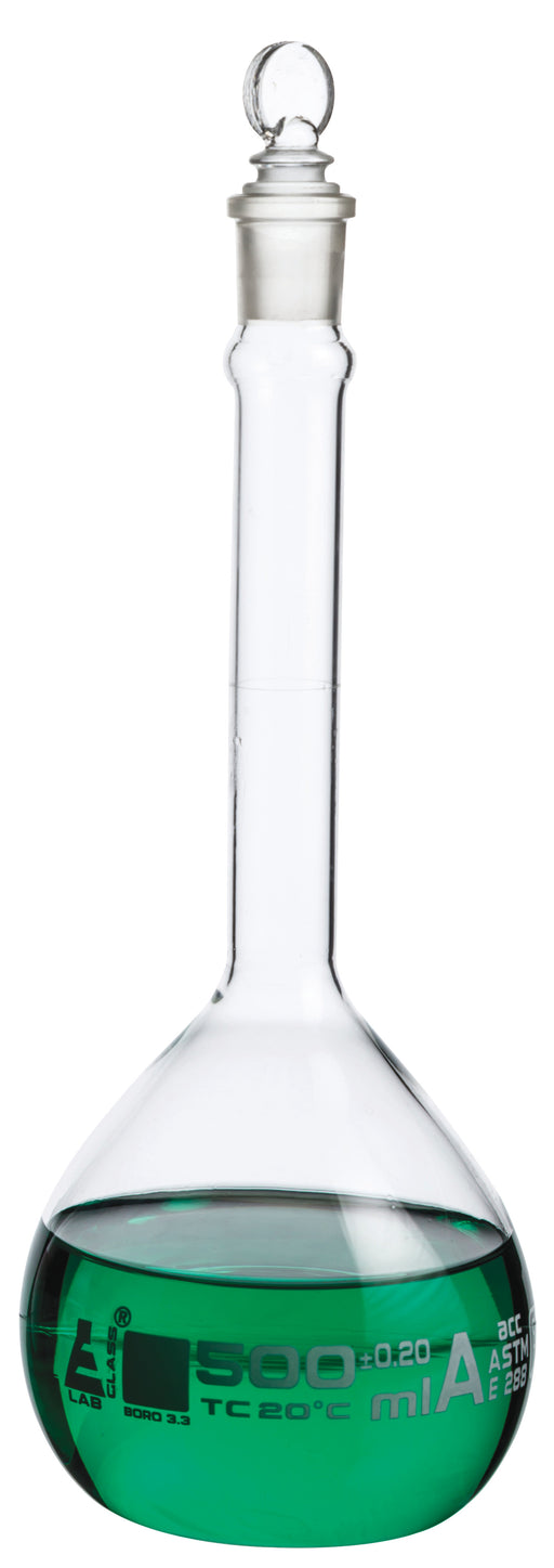 Volumetric Flask, 500ml - Class A, ASTM - Tolerance ±0.200 ml - Glass Stopper -  Single, White Graduation - Eisco Labs
