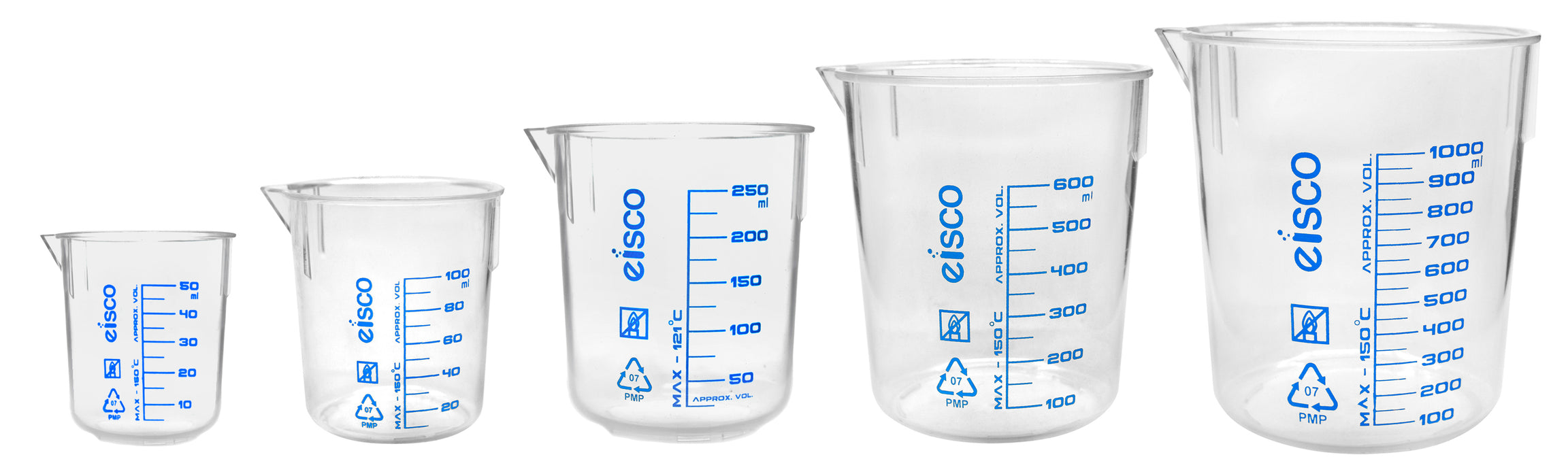 5pc Beaker Set, TPX Plastic - 50, 100, 250, 600 & 1000 - Screen Printed Graduations, Spout for Easy Pouring - Excellent Optical Clarity - Eisco Labs