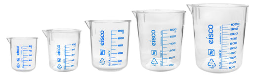5pc Beaker Set, TPX Plastic - 50, 100, 250, 600 & 1000 - Screen Printed Graduations, Spout for Easy Pouring - Excellent Optical Clarity - Eisco Labs