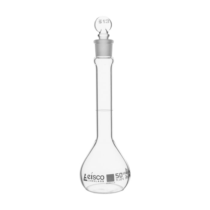 Volumetric Flask, 50ml - Class A, ASTM - Tolerance ±0.050 ml - Glass Stopper -  Single, White Graduation - Eisco Labs