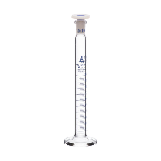 Measuring Cylinder, 10ml - Class A - 10/19 Polypropylene Stopper - Round Base, Blue Graduations - Borosilicate Glass - Eisco Labs