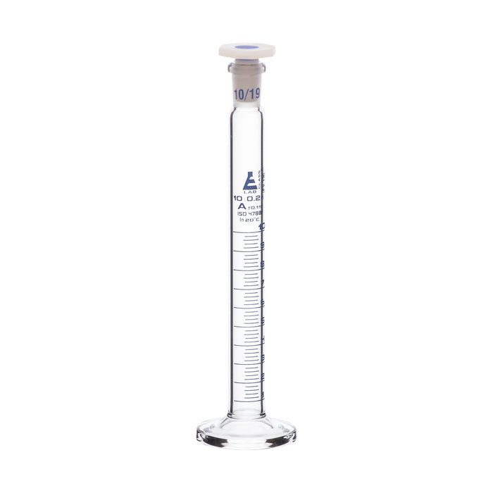 Measuring Cylinder, 10ml - Class A - 10/19 Polypropylene Stopper - Round Base, Blue Graduations - Borosilicate Glass - Eisco Labs