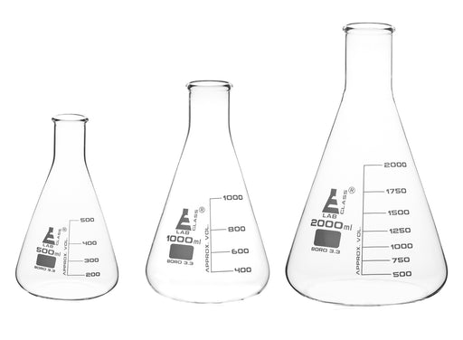 Erlenmeyer Flasks Set, 3 Pieces - 500ml, 1000ml & 2000ml - Borosilicate Glass - Narrow Neck, Conical Shape - White Graduations - Eisco Labs
