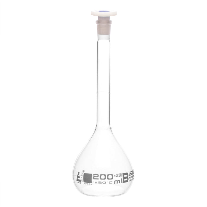 Volumetric Flask, 200ml - Class B - 14/23 Polyethylene Stopper, Borosilicate Glass - White Graduation, Tolerance ±0.300 - Eisco Labs