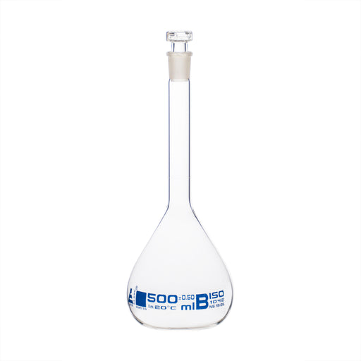 Volumetric Flask, 500ml - Class B - Hexagonal, Hollow Glass Stopper - Single, Blue Graduation - Eisco Labs