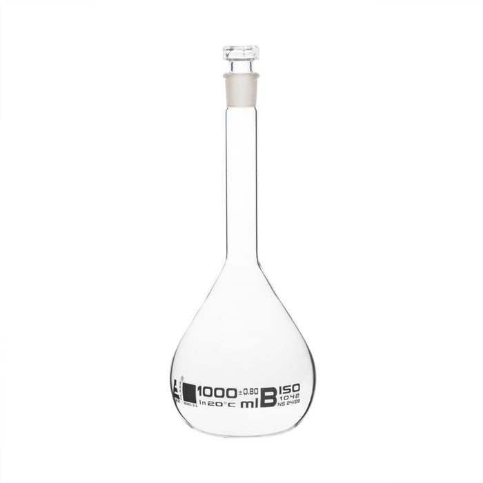 Volumetric Flask, 1000ml - Class B - Hexagonal, Hollow Glass Stopper - Single, White Graduation - Eisco Labs