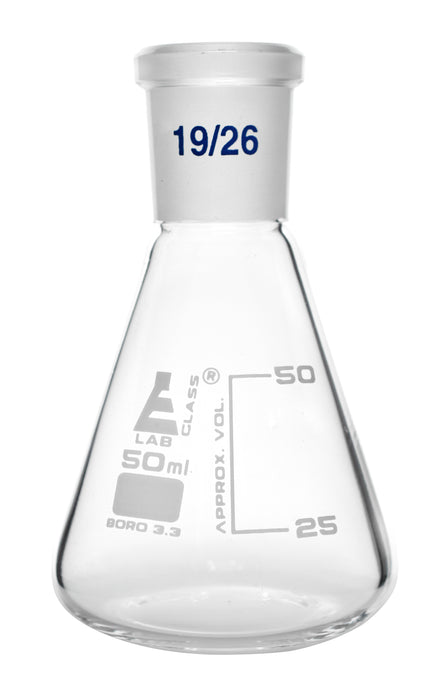 Erlenmeyer Flask, 50ml - 19/26 Joint, Interchangeable - Borosilicate Glass - Conical Shape, Narrow Neck - Eisco Labs