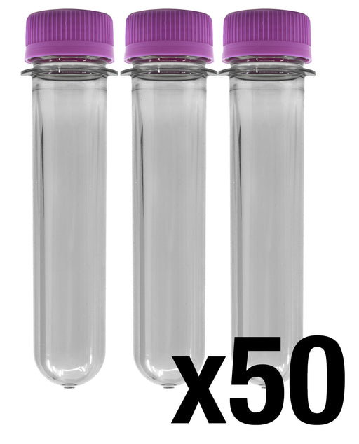 50PK Baby Soda Bottles with Caps, 25ml - Plastic Test Tubes - Polyethylene Terephthalate (PET) - Eisco Labs