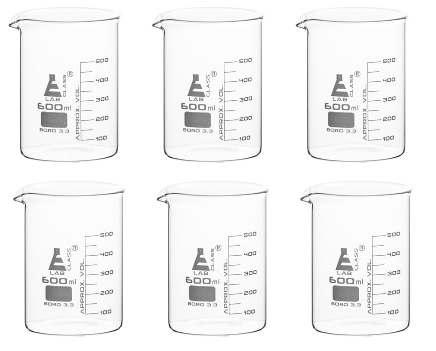 6PK Beakers, 600ml - Low Form - 50ml Graduations - Borosilicate Glass