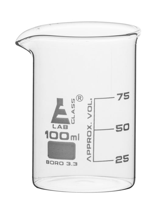 Beaker, 100ml - Low Form - 25ml Graduations - Borosilicate Glass