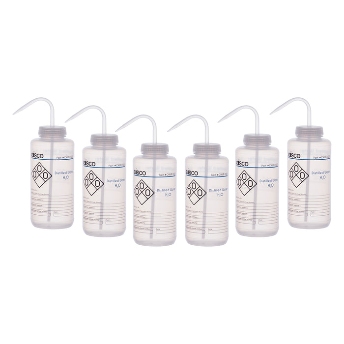 6PK Performance Plastic Wash Bottle, Distilled Water, 1000 ml - Labeled (2 Color)