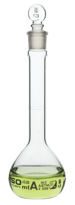Volumetric Flask, 50ml - Class A, ASTM - Tolerance ±0.050 ml - Glass Stopper -  Single, White Graduation - Eisco Labs