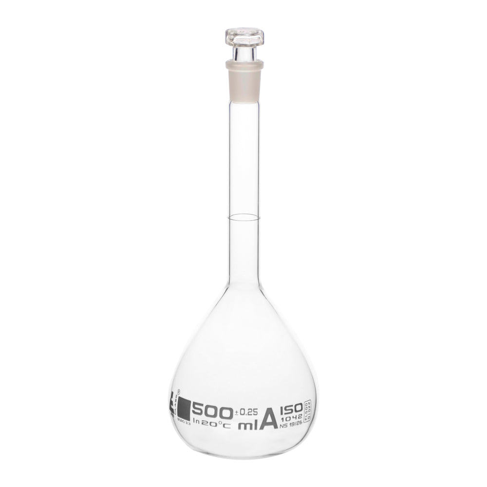 Volumetric Flask, 500ml - Class A - Hexagonal, Hollow Glass Stopper - Single, White Graduation - Eisco Labs