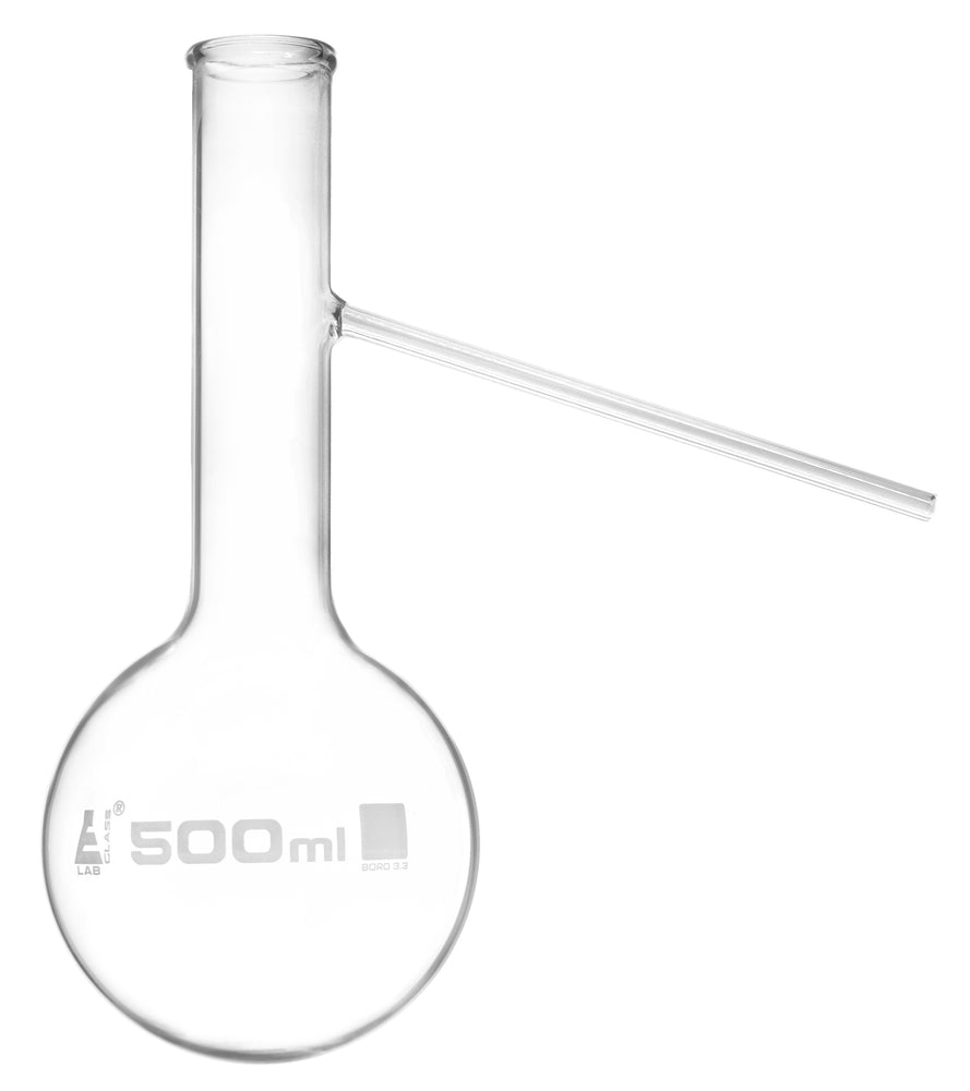 Distilling Flask with Side Arm, 500ml - Borosilicate Glass - Round bottom, Beaded Rim - Eisco Labs