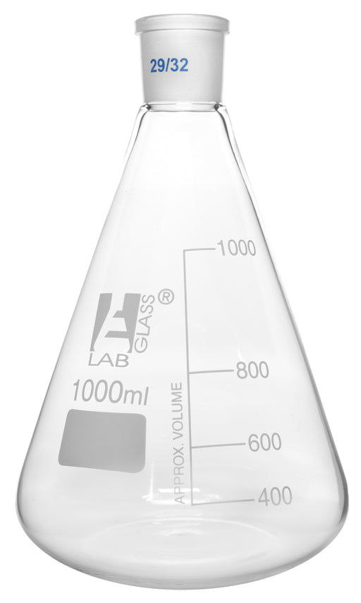 Erlenmeyer Flask, 1000ml - 29/32 Joint, Interchangeable - Borosilicate Glass - Conical Shape, Narrow Neck - Eisco Labs
