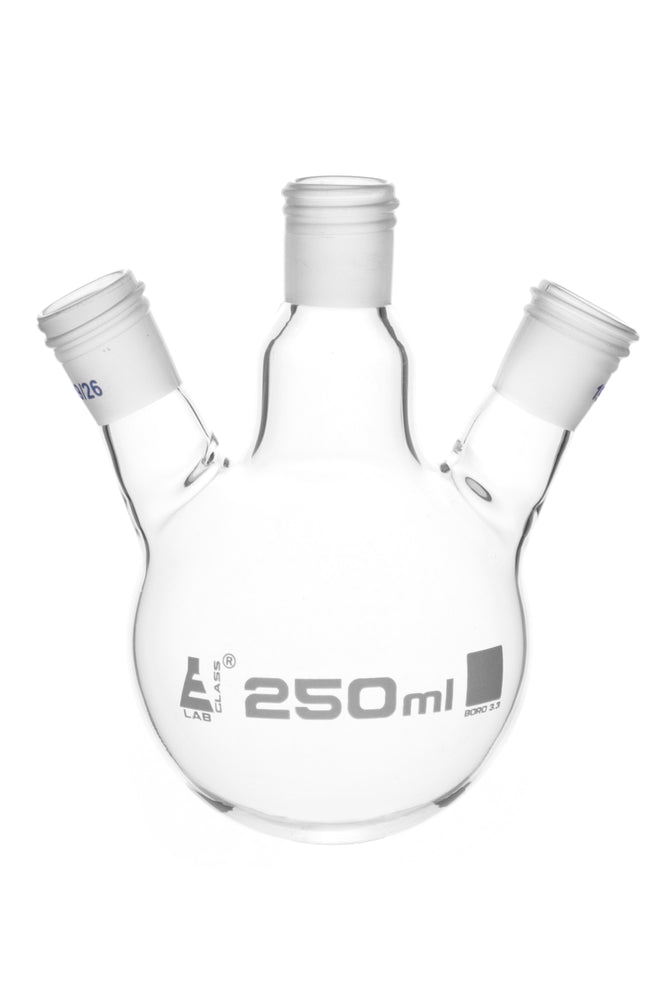 Distillation Flask with 3 Necks, 250ml Capacity, 19/26 Joint Size, Interchangeable Screw Thread Joints, Borosilicate Glass - Eisco Labs