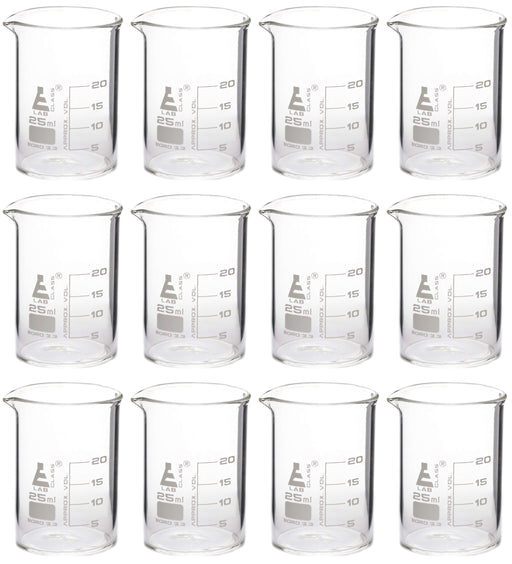 12PK Beakers, 25ml - Griffin Style, Low Form with Spout - White, 5ml Graduations - Borosilicate 3.3 Glass