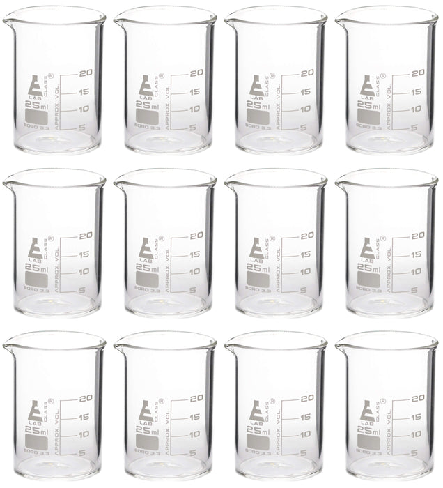 12PK Beakers, 25ml - Griffin Style, Low Form with Spout - White, 5ml Graduations - Borosilicate 3.3 Glass