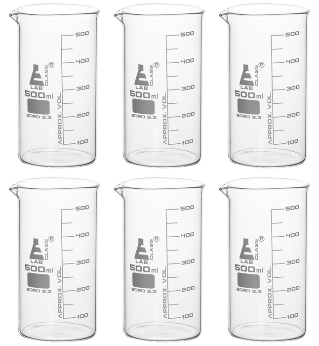 6PK Beakers, 500ml - Tall Form - White Graduations - Borosilicate Glass