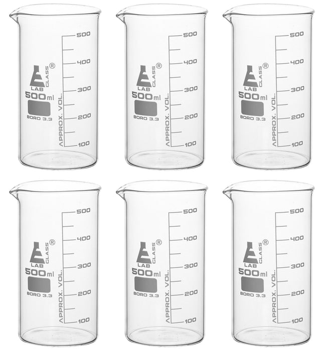 6PK Beakers, 500ml - Tall Form - White Graduations - Borosilicate Glass