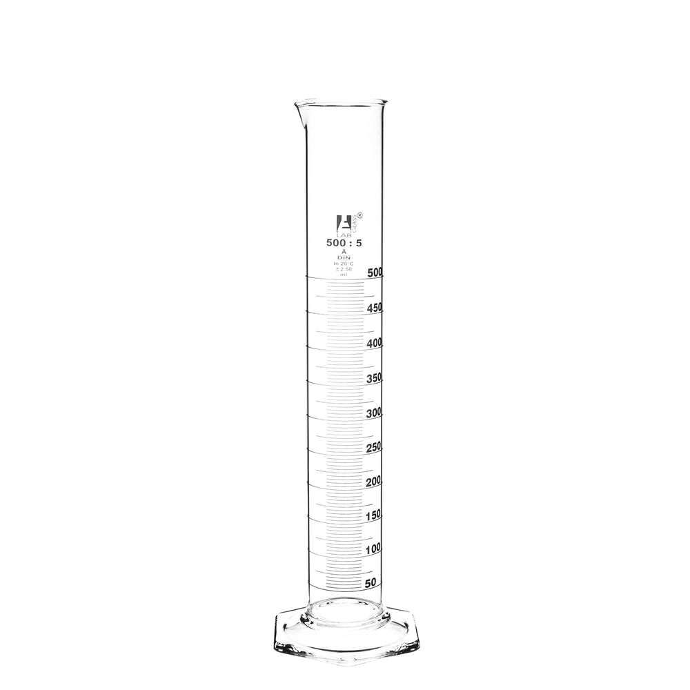 Measuring Cylinder, 500ml - Class A, Tolerance: ±2.50ml - Hexagonal Base - White Graduations - Borosilicate Glass - Eisco Labs