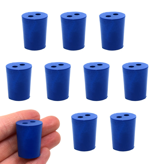 Neoprene Stoppers, 2 Holes - Blue - Size: 18mm Bottom, 21mm Top, 26mm Length - Pack of 10