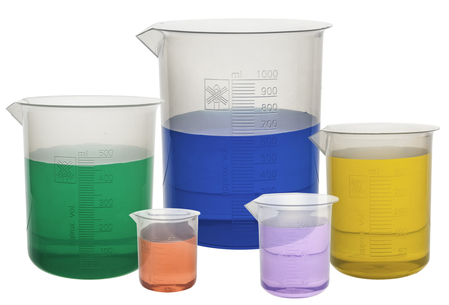 5 Piece Plastic Beaker Set, Polypropylene - 50ml, 100ml, 250ml, 500ml & 1000ml - Raised Graduations - With Spout - Eisco Labs