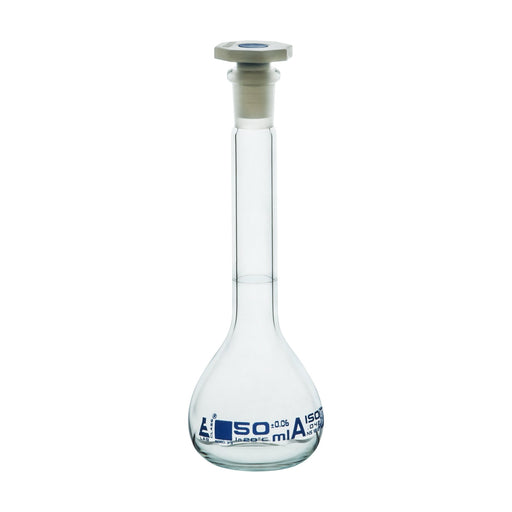 Volumetric Flask, 50ml - Class A Tolerance ±0.06ml - 12/21 Polypropylene Stopper - Single Graduation Mark - Borosilicate Glass - Eisco Labs