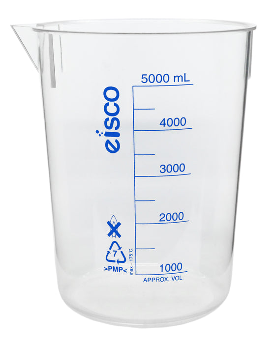 Beaker, 5000ml - Blue, Printed Graduations, Spout - Excellent Optical Clarity - TPX Plastic - Eisco Labs