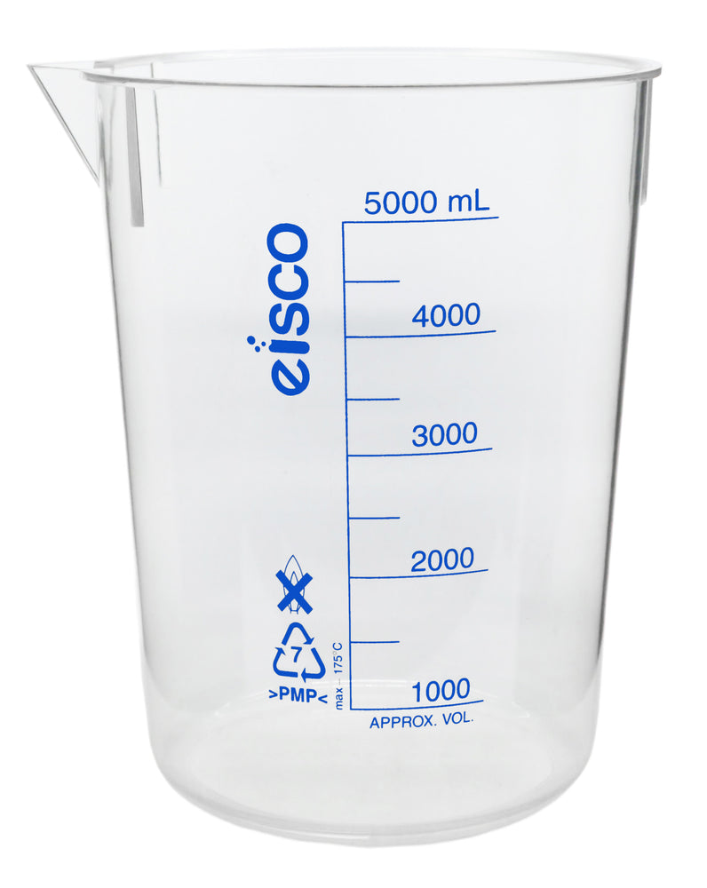Beaker, 5000ml - Blue, Printed Graduations, Spout - Excellent Optical Clarity - TPX Plastic - Eisco Labs
